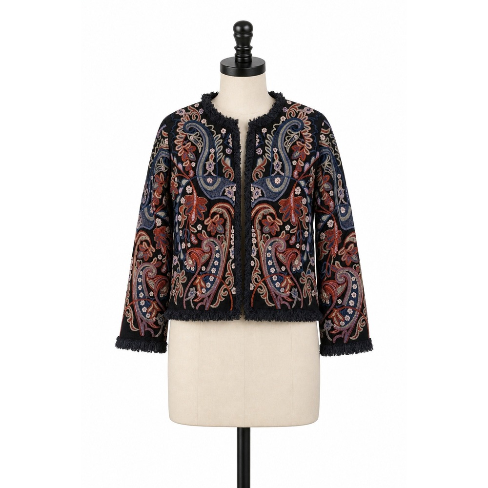 Maison Hotel XS Embroidered Paisley Fringe Open Front Jacket Black Boho Cotton
